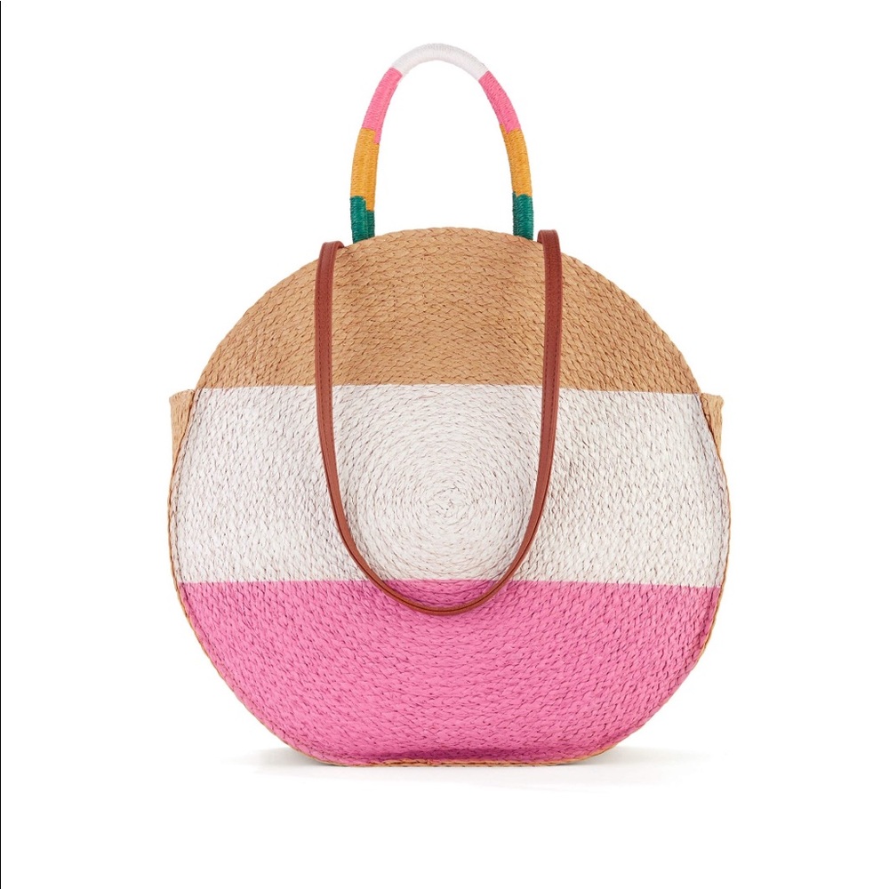 Time & Tru Striped Straw Circle Tote NEW